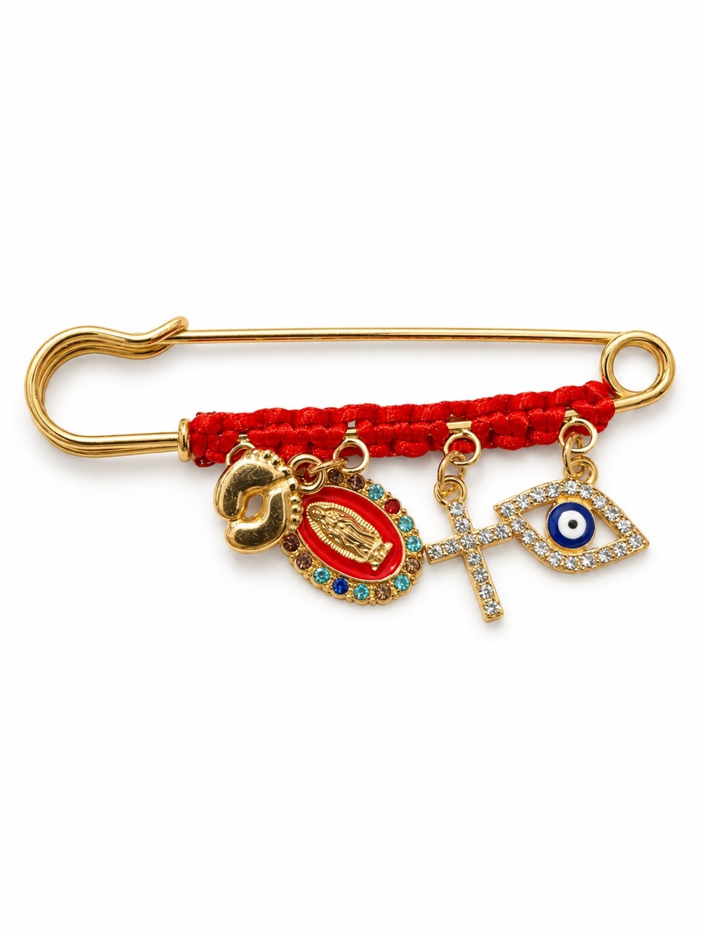 ✝️Gold-Tone Red Charm Safety Pin Bracelet with Religious and Evil Eye Charms
